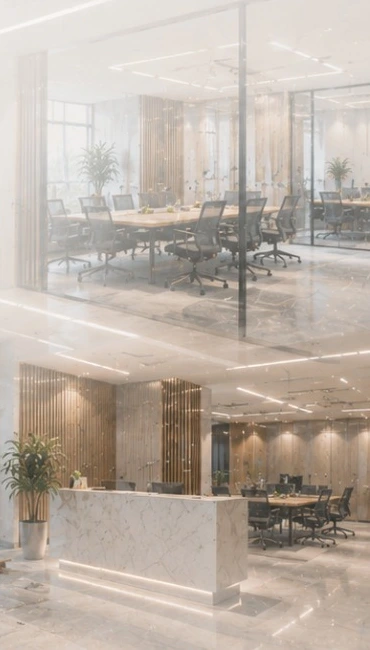 Ambiente corporativo finalizado, com divisórias de vidro e recepção